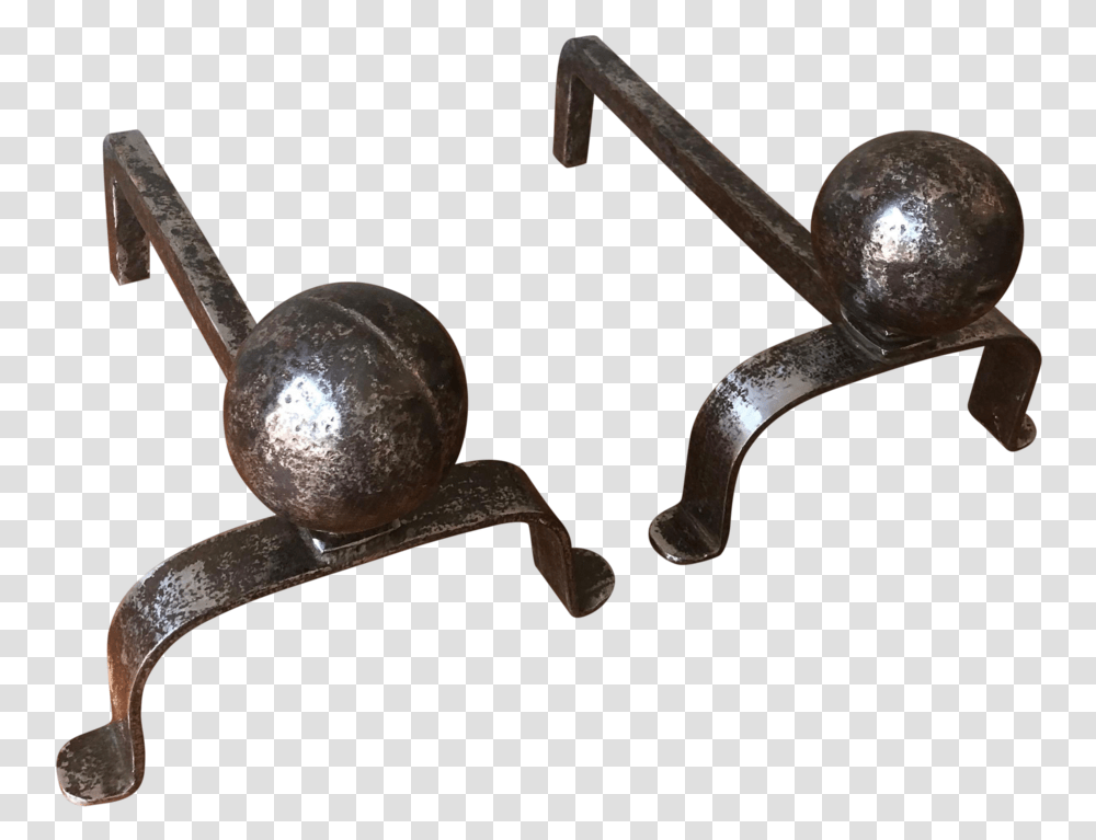 1920s Vintage French Polished Iron Andirons With Large Tool, Hammer, Bronze, Sphere, Accessories Transparent Png
