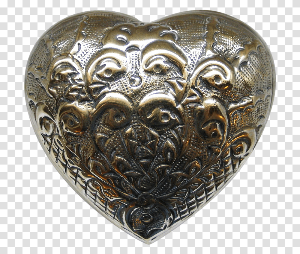 1970s Repouss Domed Heart Shaped Jewelry Trinket Box Carving, Bronze, Glass, Goblet, Handle Transparent Png