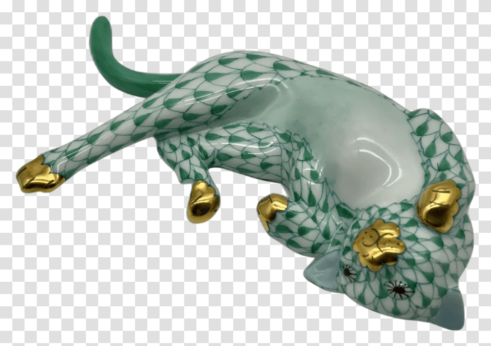 1990s Herend Green Fishnet Cat With Gold Accents Figurine, Dragon, Dinosaur, Reptile, Animal Transparent Png