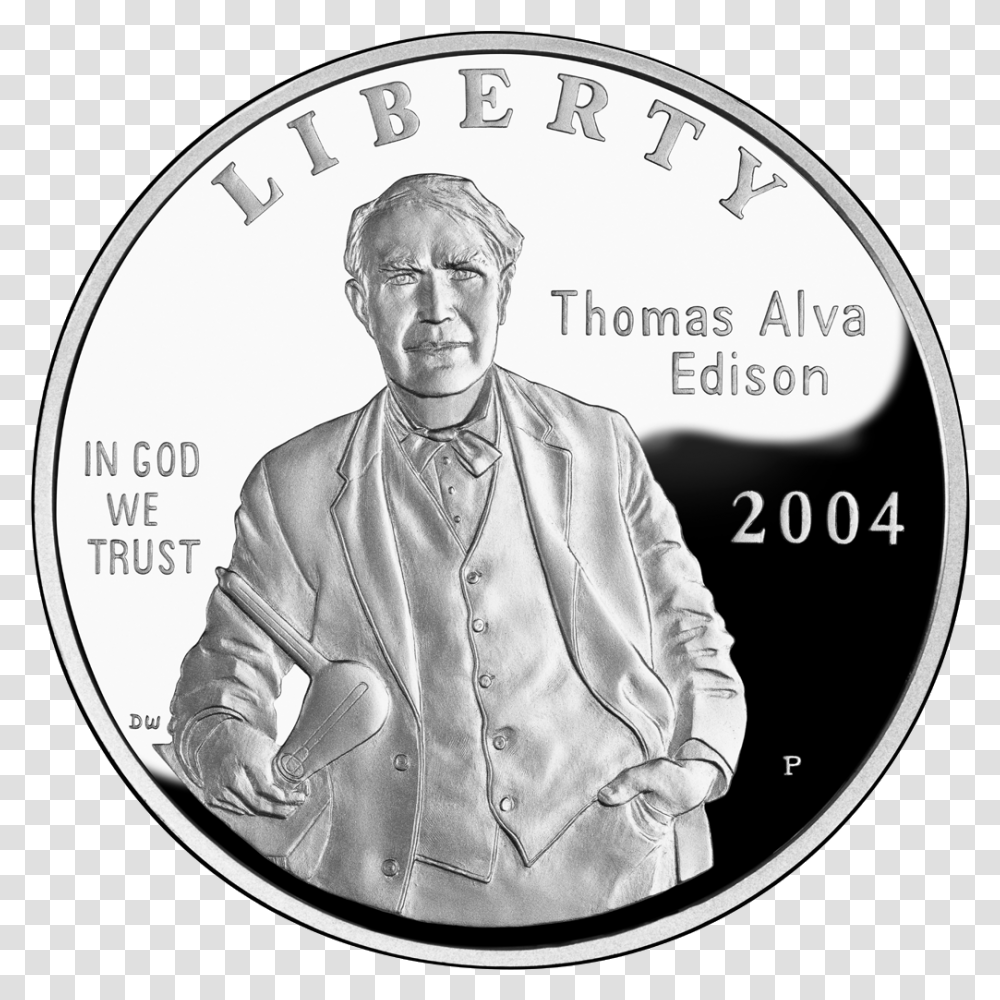 2004 Thomas Alva Edison Silver Dollar Thomas Edison Light Bulb, Person, Human, Money, Coin Transparent Png