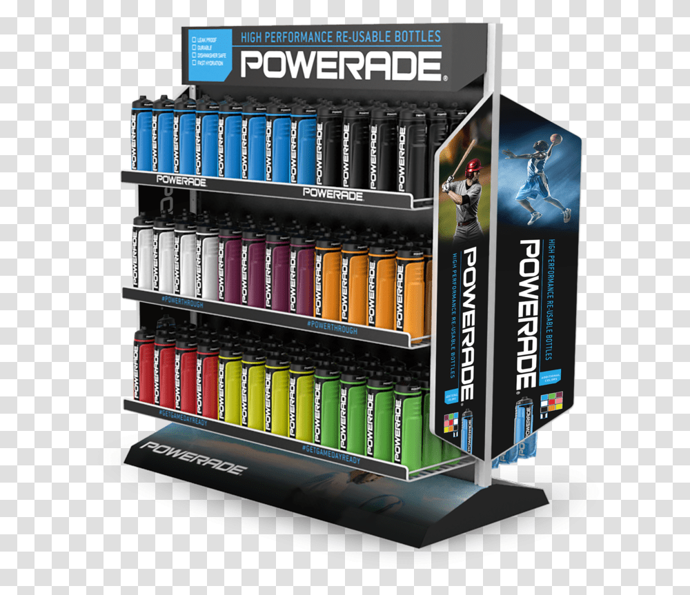 2016 03 14 Powerade Floor Display Shelf Side 002, Furniture, Bookcase, Tabletop, Person Transparent Png