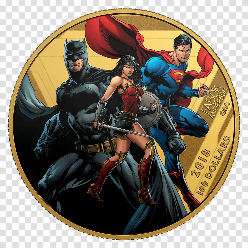 2018 12 Gram Canada The Justice League United We Stand 14karat Gold Coloured Proof Coin Coin, Person, Human, Batman, Dvd Transparent Png