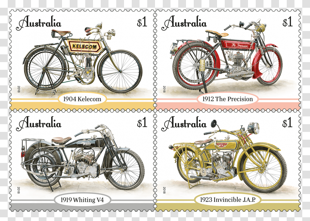 2018 Australian Stamps Vintage Motorcycles, Bicycle, Vehicle, Transportation, Bike Transparent Png