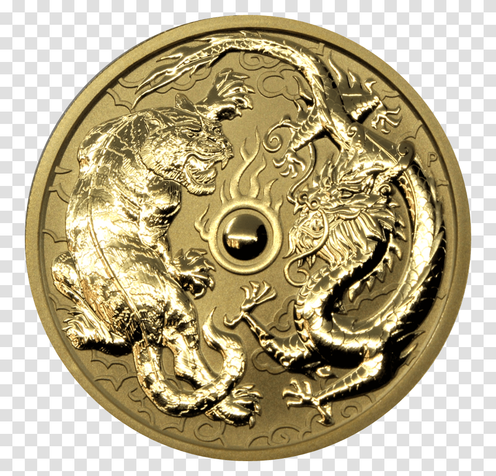 2019 1 Oz Australia Dragon Amp Tiger 1 Oz 2019 Dragon And Tiger Gold Bu, Coin, Money, Buckle, Nickel Transparent Png