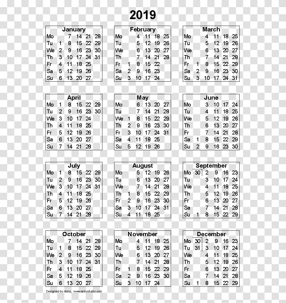 2019 Calendar 2019 Calendar A4 Print, Menu, Number Transparent Png