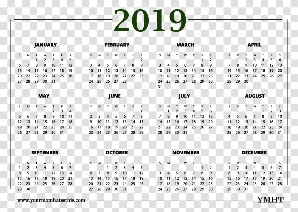 2019 Calendar Green Design 2019 Calendar No Background, Alphabet, Number Transparent Png
