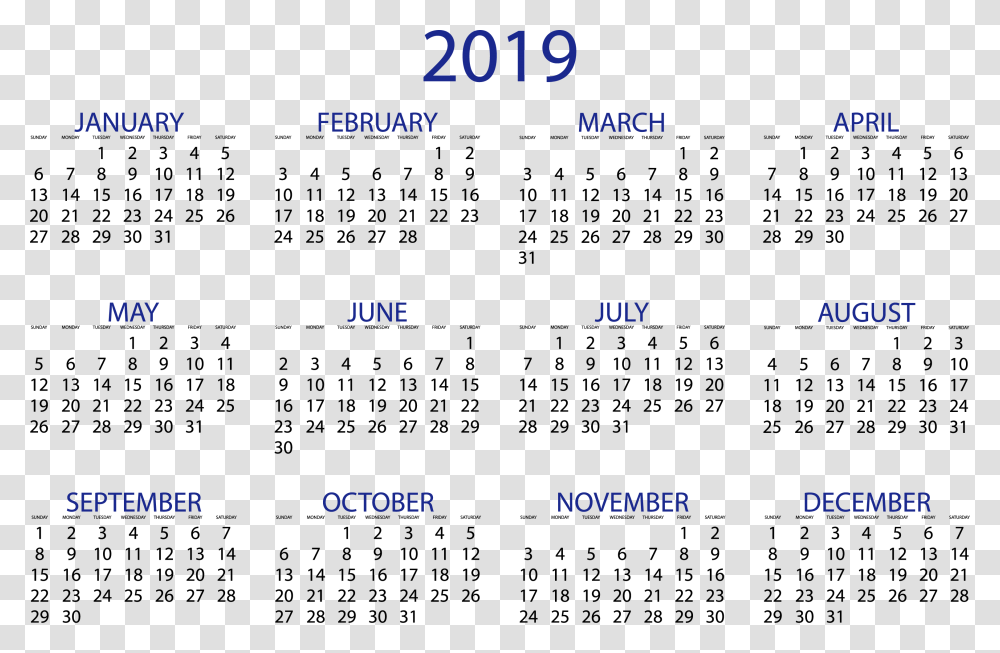 2019 Calendars Download Pdf Templates 2019 Printable Calendar One Page, Menu Transparent Png