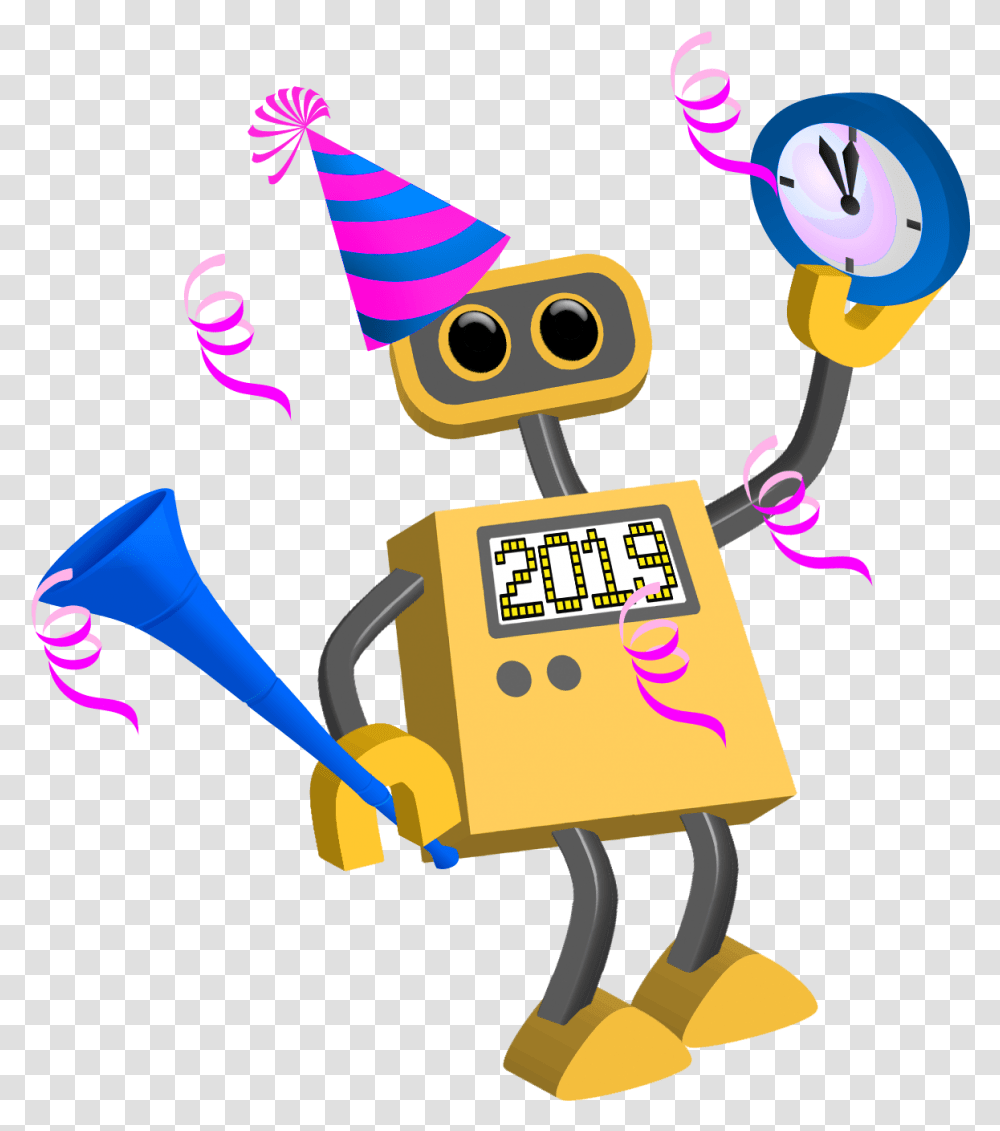 2019 Happy New Year Robots Celebare Greetings Happy New Year Cartoon 2019, Apparel, Hat Transparent Png