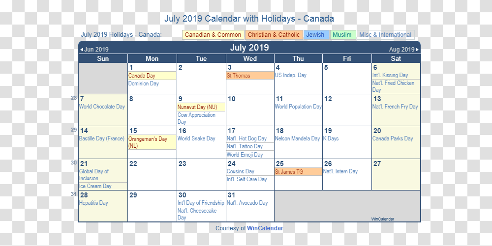 2019 July Calendar Canada Template July 2019 Holiday Calendar, Menu Transparent Png