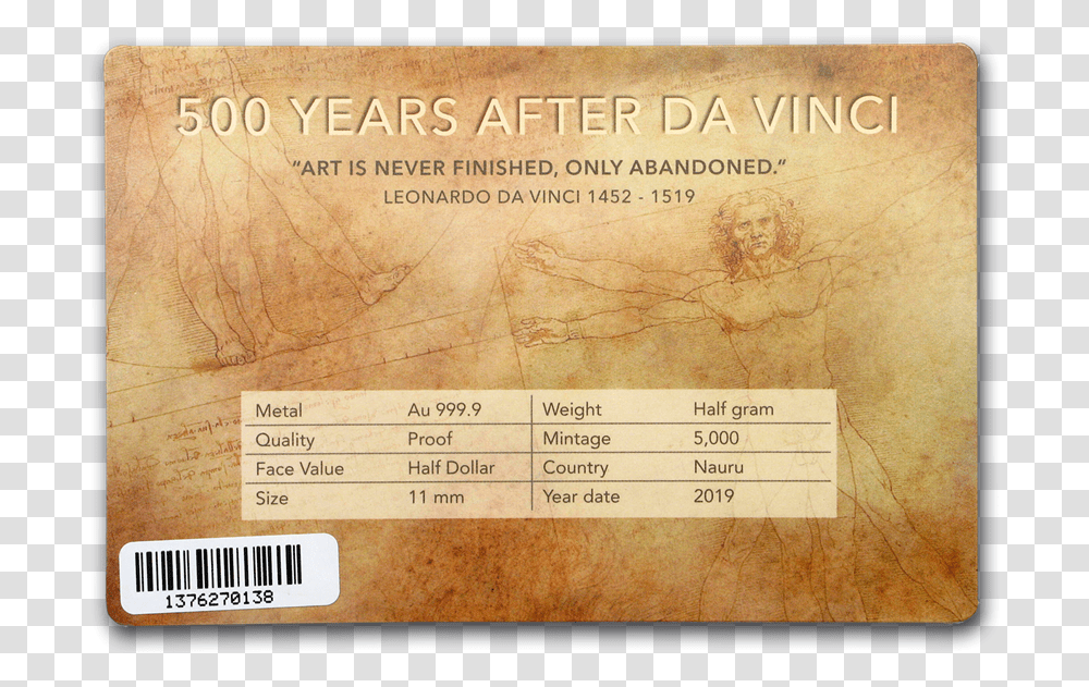 2019 Nauru 12 Gram Gold Proof Leonardo Da Vinci Vitruvian Horizontal, Label, Text, Plot, Paper Transparent Png