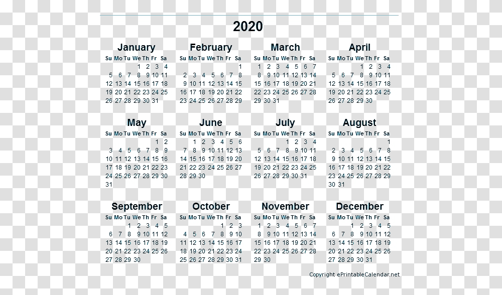2020 Calendar Image 2018 Year Calendar Printable Free, Menu Transparent Png