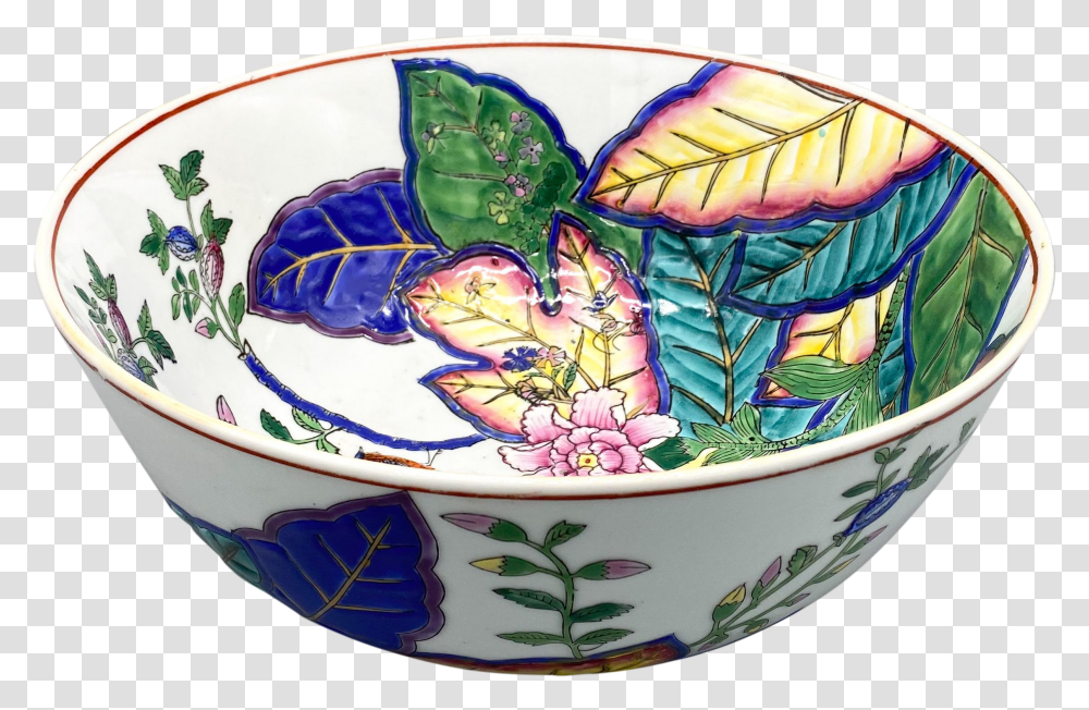 20th Century Chinoiserie Tobacco Leaf With Birds And Flowers Centerpiece Bowl Serveware Transparent Png