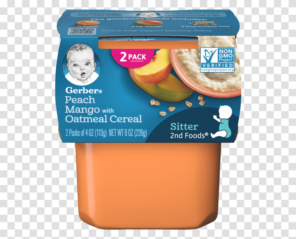 2nd Foods Peach Mango With Oatmeal Cereal Gerber Baby Food Pumpkin, Plant, Person, Beverage, Label Transparent Png