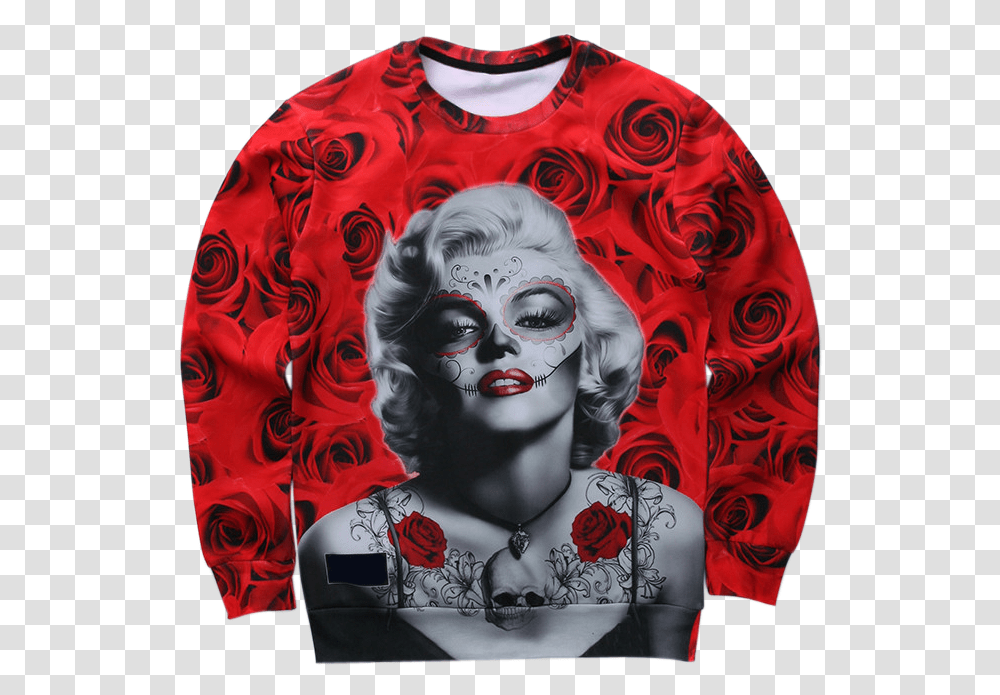 3d Skull Marilyn Monroe Sweater Roses, Sleeve, Sweatshirt, Long Sleeve Transparent Png