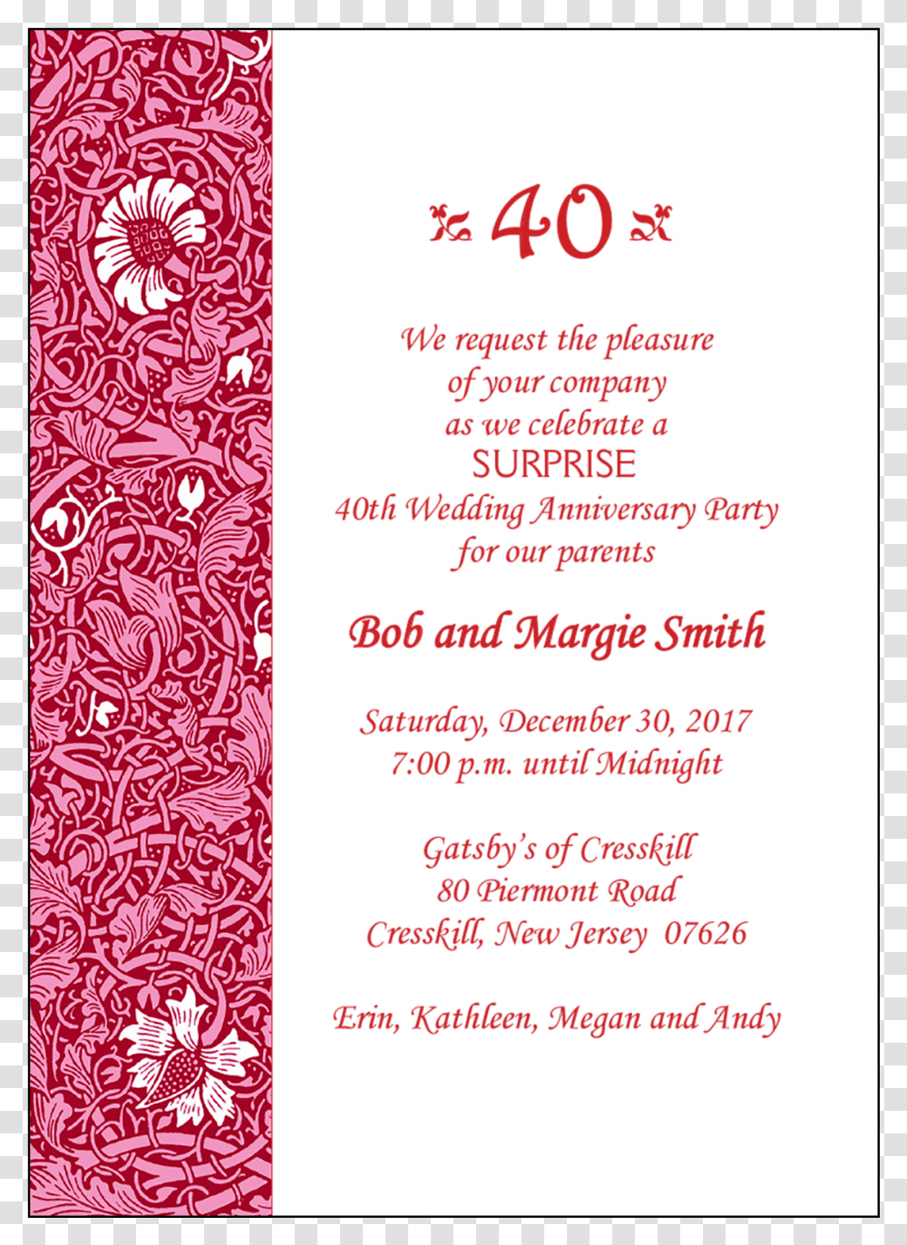 40th Wedding Anniversary Party Invitation Invitation For 40th Wedding Anniversary, Paper, Label, Flyer Transparent Png