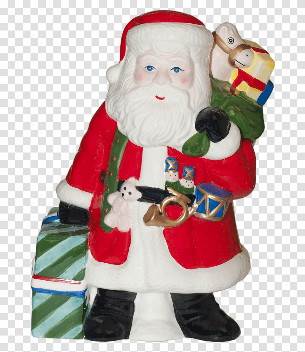A Big Ceramic Cookie Jar Shaped Like Santa Clause Carrying Santa Claus, Figurine, Sweets, Food, Confectionery Transparent Png