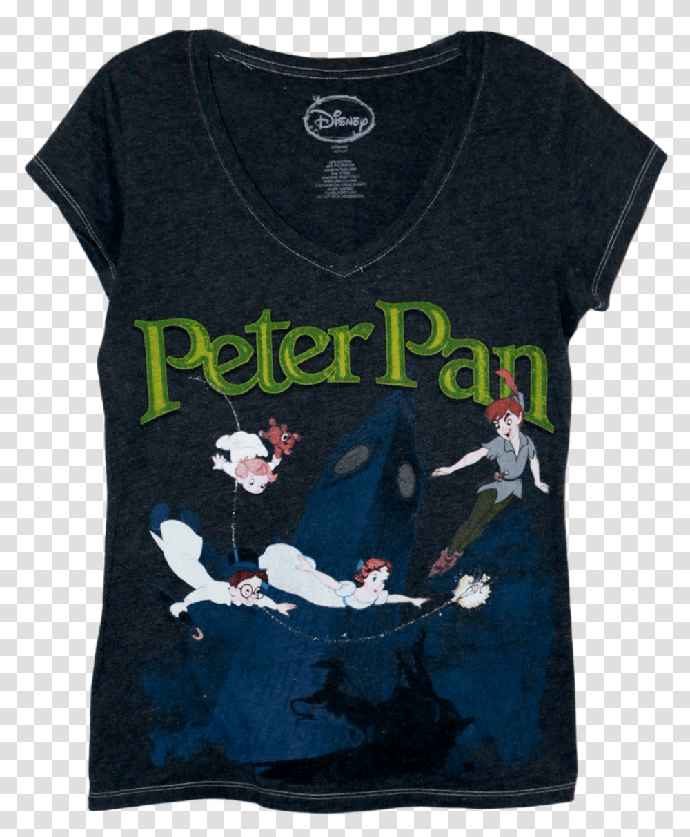 A Black V Neck T Shirt With Large Green Text Of Peter Peter Pan Disney, Apparel, T-Shirt, Person Transparent Png