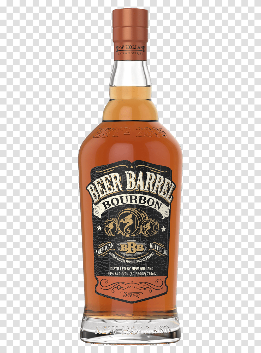 A Bottle With A White Sign With Black Text With Jack New Holland Beer Barrel Bourbon, Alcohol, Beverage, Drink, Lager Transparent Png