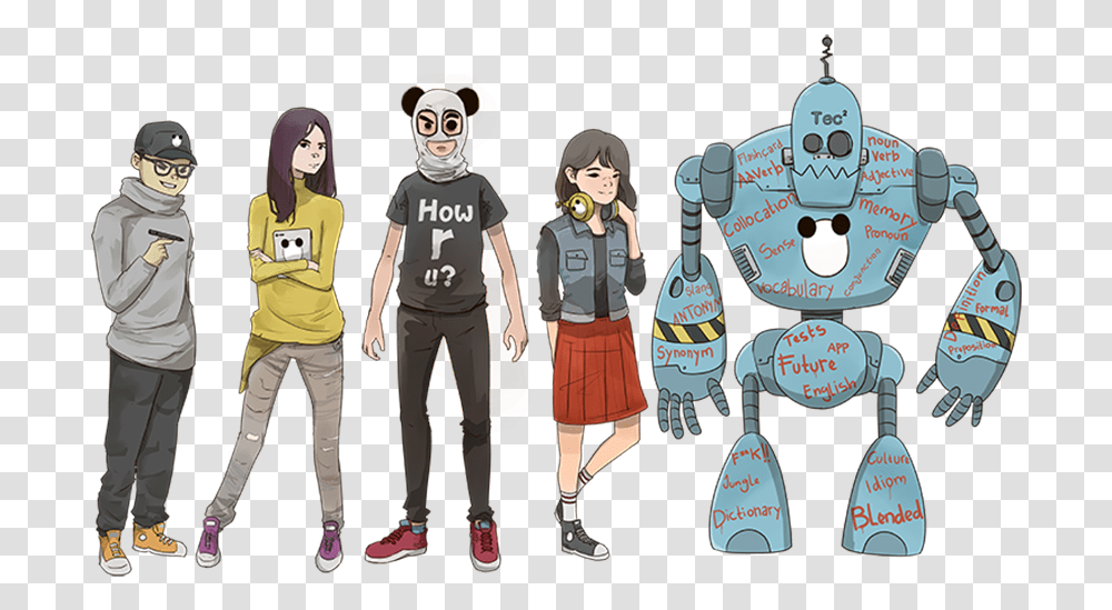 A Cartoon Image Of Five Students Of English Language Illustration, Person, Shoe, Helmet Transparent Png