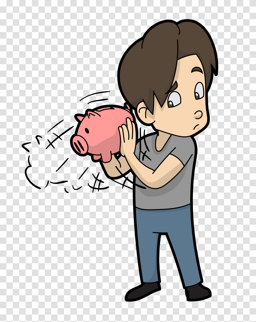A Cartoon Man Shaking A Piggy Bank, Person, People, Sphere, Kneeling Transparent Png