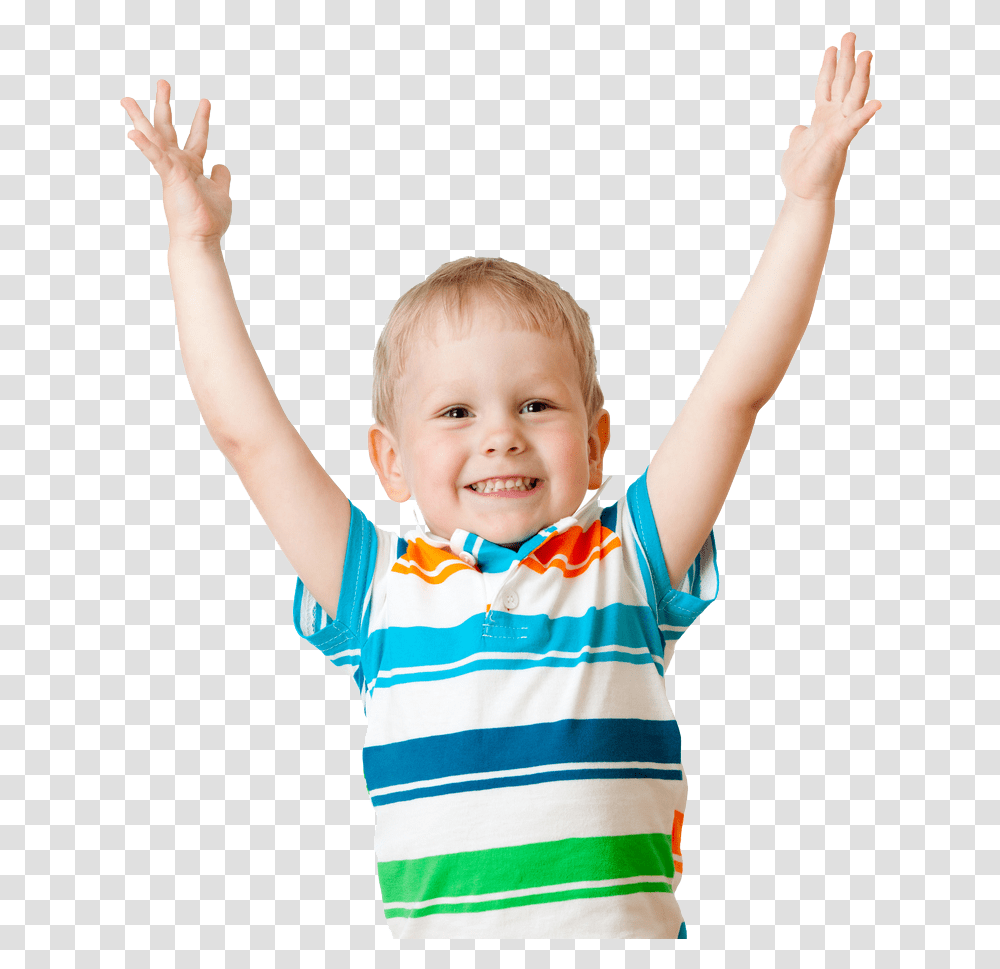 A Cheerful Young Boy In A Striped Shirt With His Hands Child Stock Photo, Sleeve, Face, Person Transparent Png