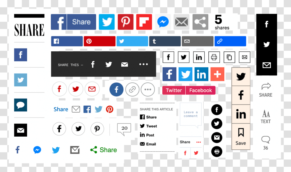 A Collage Of Various Share Buttons From Sites Across Share Buttons All Ux, Label, Scoreboard, Number Transparent Png