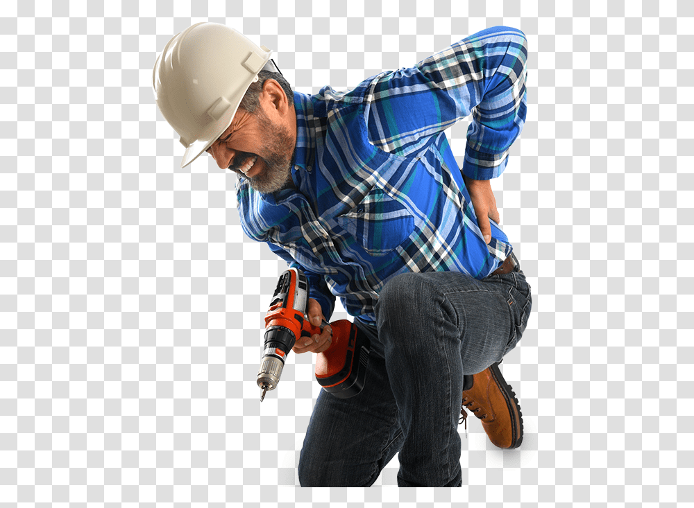 A Construction Worker Bending Over In Pain Physical Therapy Construction Site, Apparel, Helmet, Hardhat Transparent Png