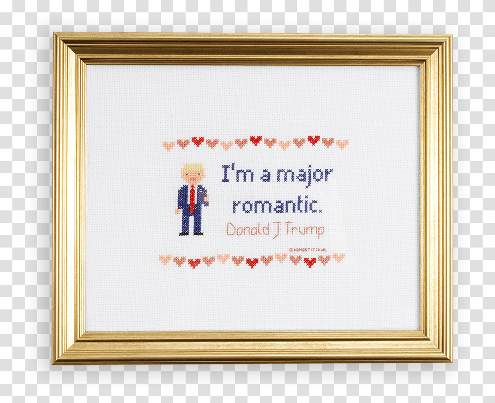 A Cross Stitched Donald Trump With A Quote By Him That Cross Stitch Trump, Embroidery, Pattern, Person, Human Transparent Png