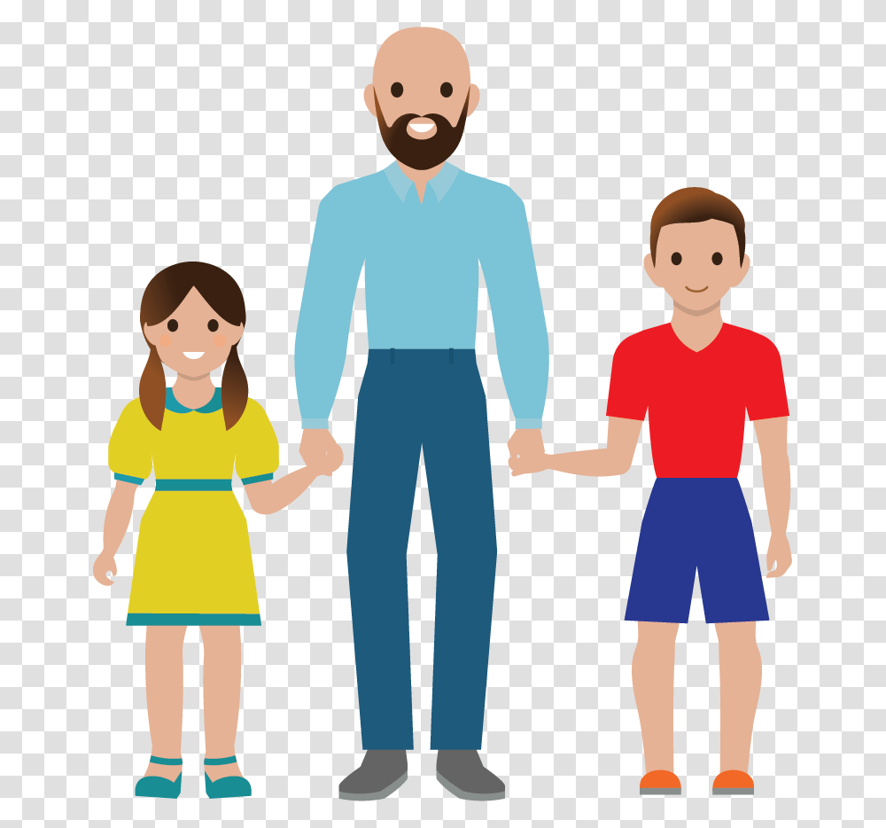 A Dad With His Children Cartoon, Hand, Person, Human, Holding Hands Transparent Png