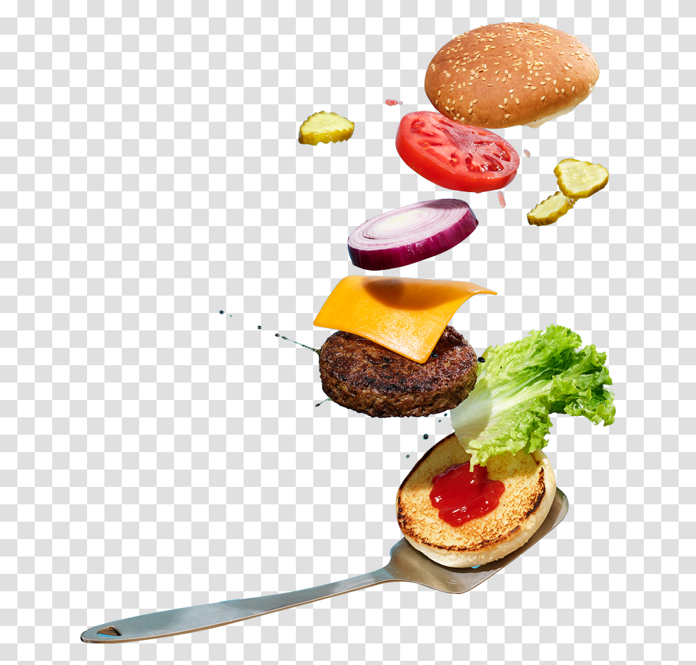 A Deconstructed Photograph Of A Hamburger Being Flipped Junk Food, Fungus, Plant, Cutlery, Lunch Transparent Png