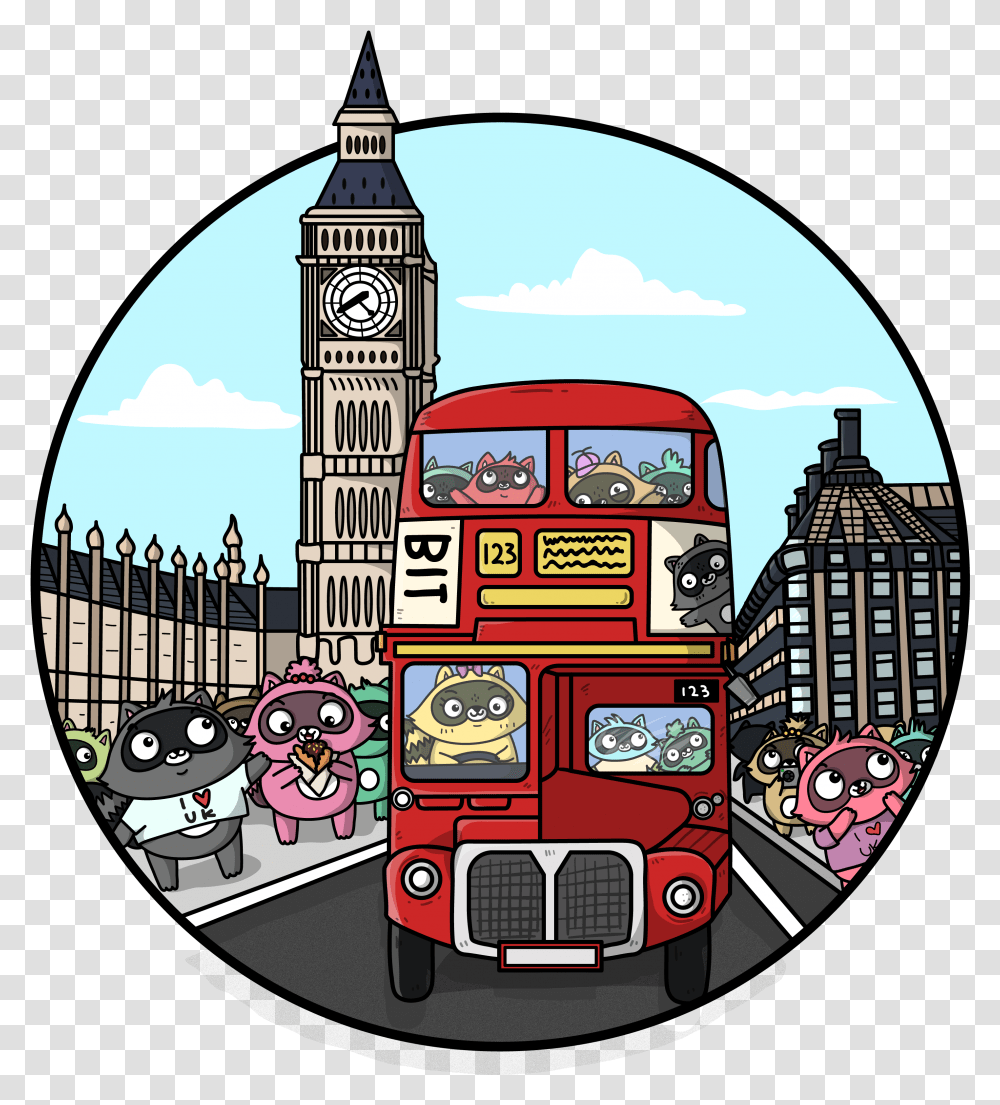 A Drawing Of Bit The Raccoon In London Featuring A, Bus, Vehicle, Transportation, Tower Transparent Png