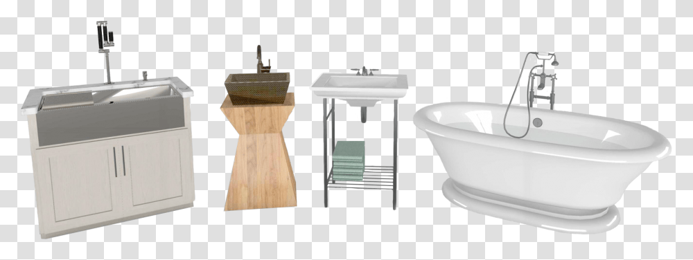 A Farmhouse Kitchen Sink Alongside Two Styles Of Bathroom Bathroom Sink, Sink Faucet, Wood, Bathtub, Home Decor Transparent Png