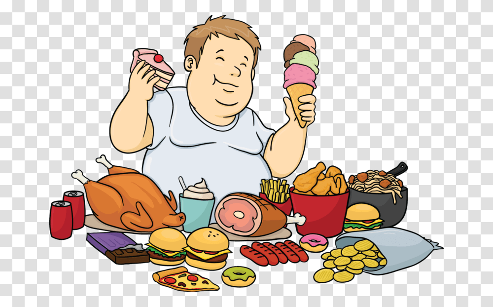 A Fat Cartoon Man Feasting On Eating Junk Food Clipart, Person, Human, Meal, Video Gaming Transparent Png