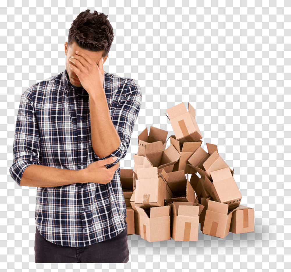 A Frustrated Person Who Has Been Packing And Shipping Open Boxes Pile, Human, Cardboard, Package Delivery, Carton Transparent Png
