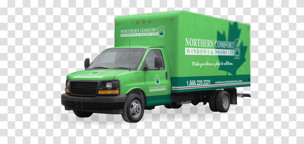 A Green Truck With Northern Comfort Windows And Doors Commercial Vehicle, Van, Transportation, Moving Van, Machine Transparent Png