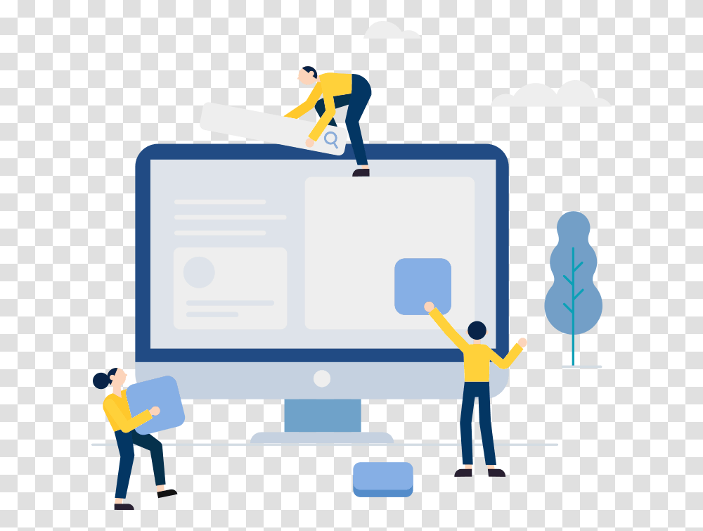 A Group Of Tiny Workmen Putting Elements Of A Webpage Wordpress Development, Person, Moving Van Transparent Png