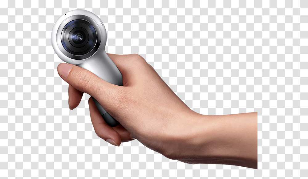 A Hand Holding The Gear 360 Moves From The Right To Samsung Gear 360 Logo, Person, Human, Electronics, Camera Transparent Png