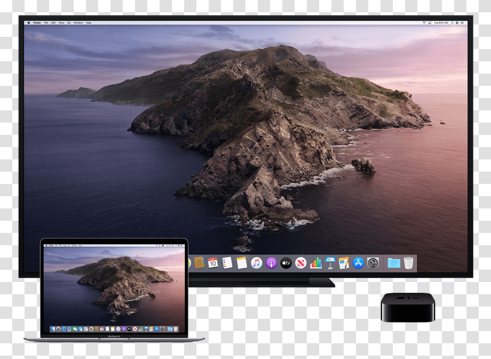 A Mac An Hdtv And Apple Tv Set Up For Airplay Mirroring Mac Os Catalina Wallpaper 4k, Nature, Land, Outdoors, Monitor Transparent Png