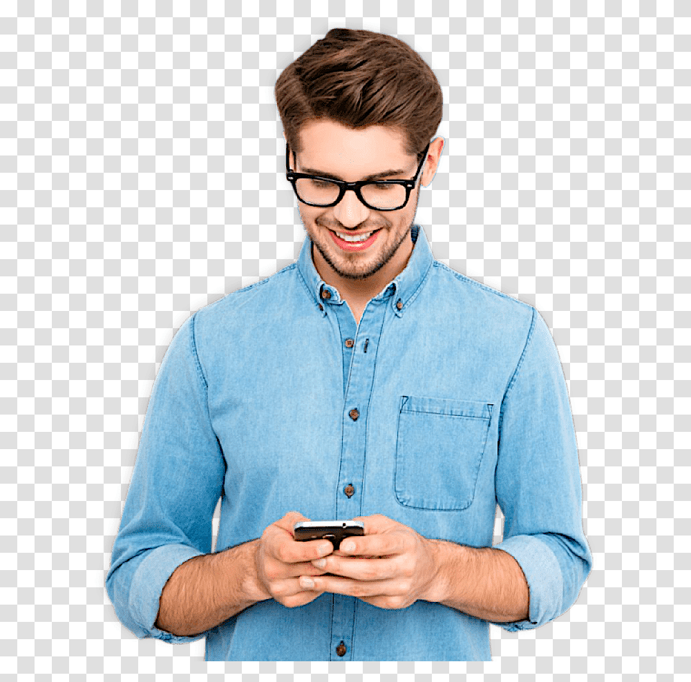 A Man In Blue Holding A Phone Phone And Boy, Apparel, Person, Shirt Transparent Png