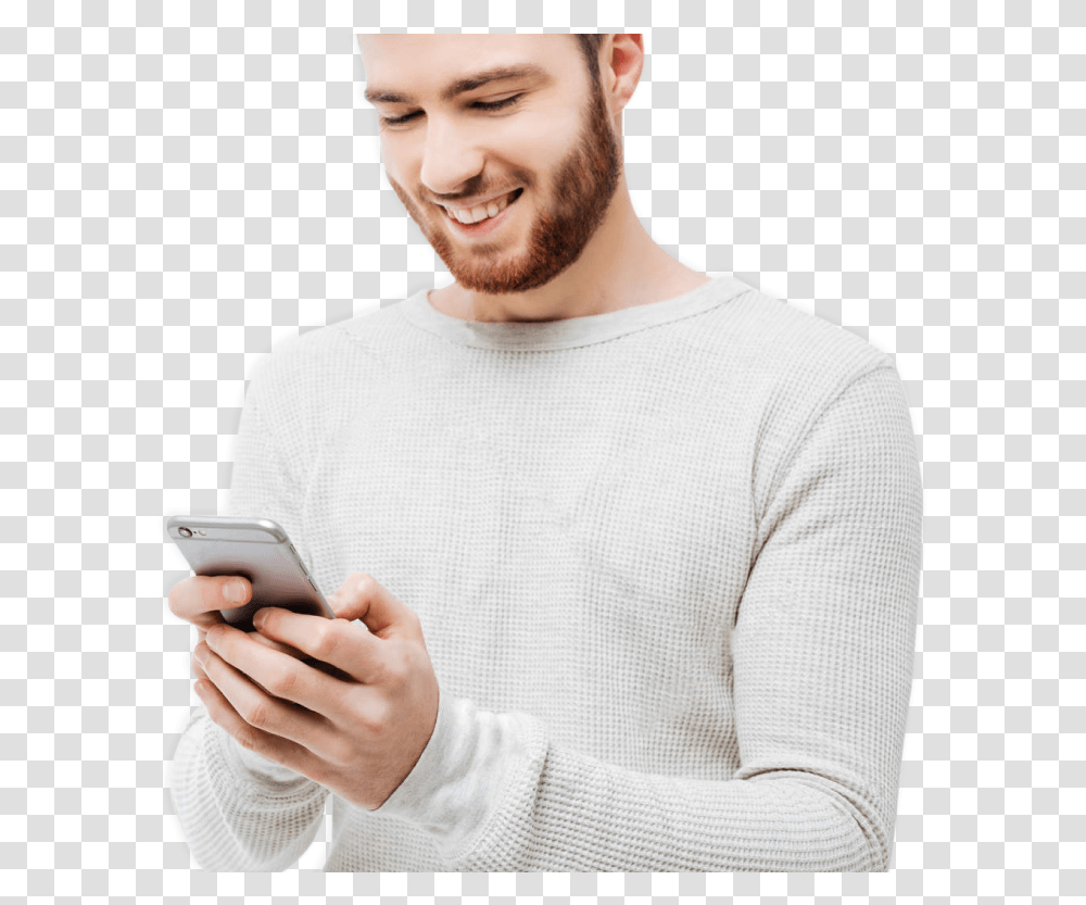 A Man Wearing A Grey Sweater Holding His Phone With Repost Or Die Meme, Person, Human, Mobile Phone, Electronics Transparent Png