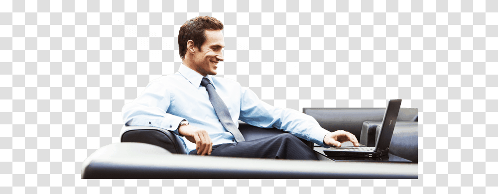 A Man Working With His Laptop On A Couch Medical Representative Dress Code, Person, Tie, Accessories, Sitting Transparent Png