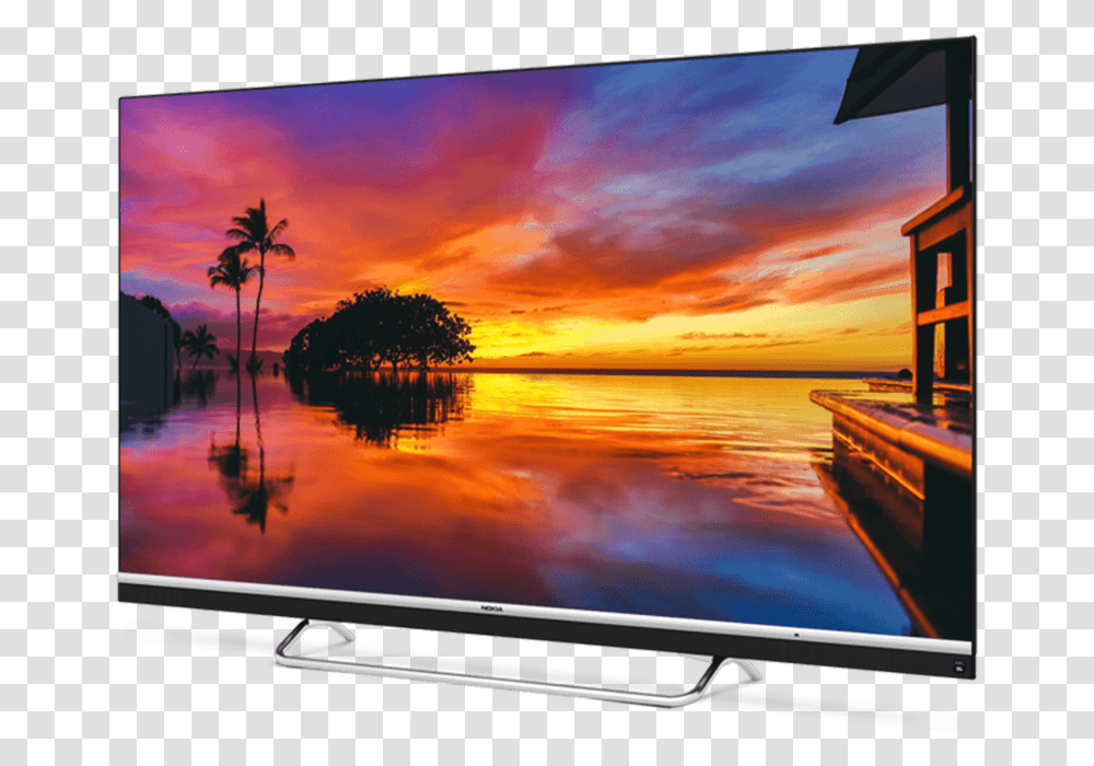 A Nokia Smart Tv Displaying A Picturesque Sunset With Nokia 55 Inch Tv, Monitor, Screen, Electronics, Television Transparent Png