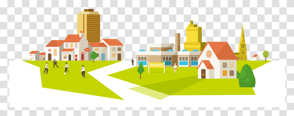 A Residential Landscape With A Church School Office Illustration, Building, Architecture, Person, Dome Transparent Png