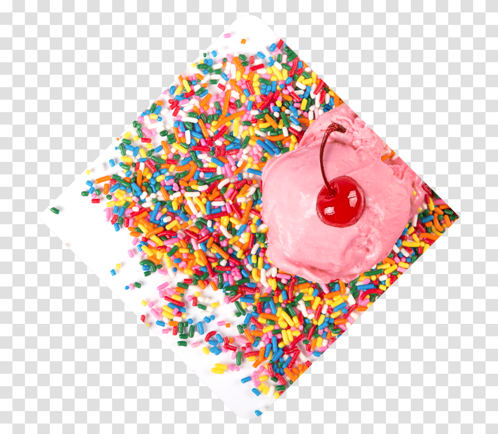 A Scoop Of Bright Pink Ice Cream Melts Into Candy Sprinkles, Rug, Paper, Sweets, Food Transparent Png