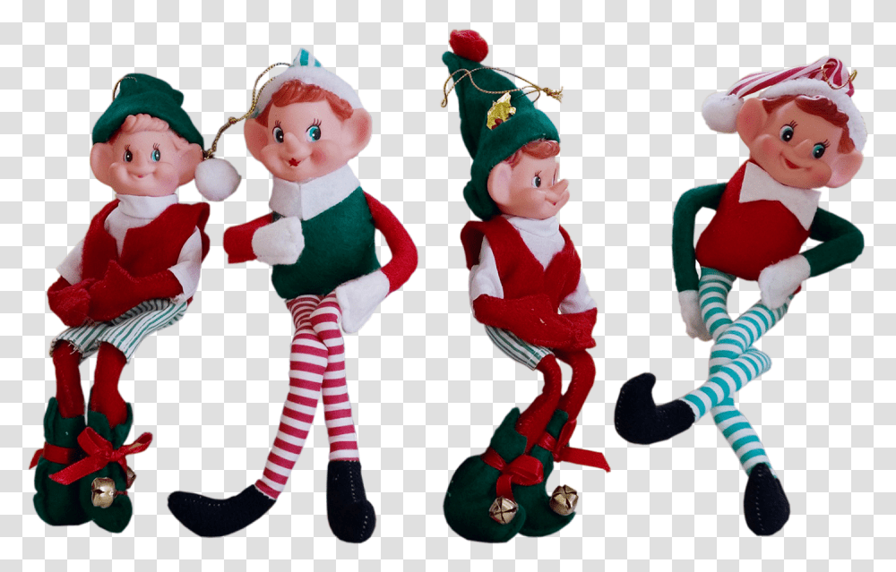 A Set Of 4 Vintage Christmas Elves, Elf, Doll, Toy, Person Transparent Png