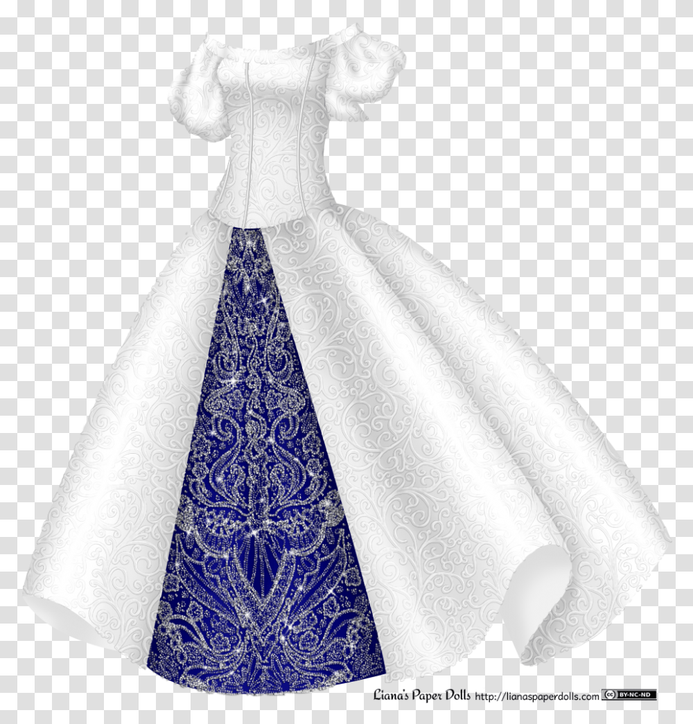 A Silvery White Gown With A Delicate Small Scroll White Princess Dress, Apparel, Figurine, Wedding Gown Transparent Png
