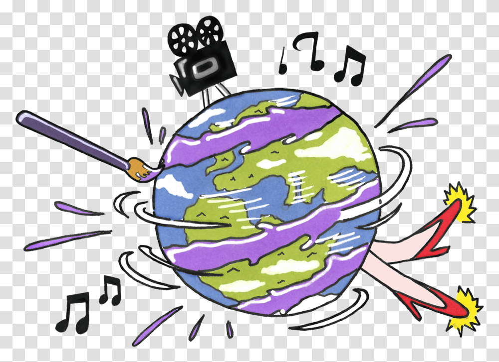 A Spinning World With Music Notes A Film Camera And, Outer Space, Astronomy, Universe, Planet Transparent Png