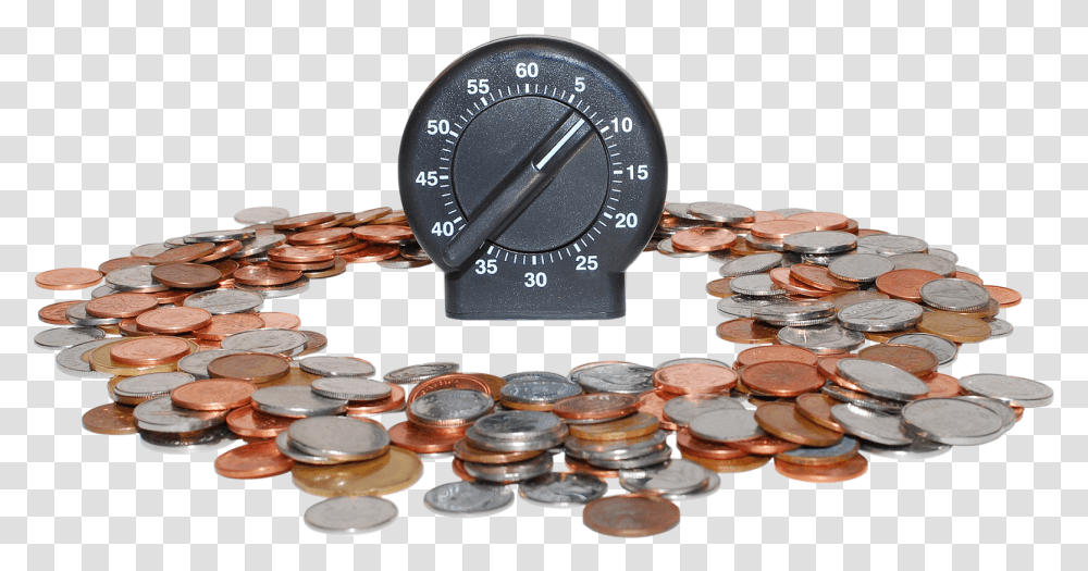 A Splash Of Coins Surrounding A Timer To Designate Money, Wristwatch, Gauge, Nickel, Dime Transparent Png
