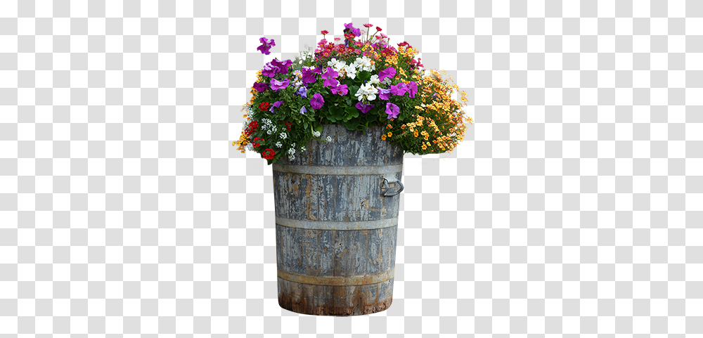 A Tall Wood Barrel Planter Filled With Wooden Flower Pot, Geranium, Blossom, Flower Arrangement, Flower Bouquet Transparent Png