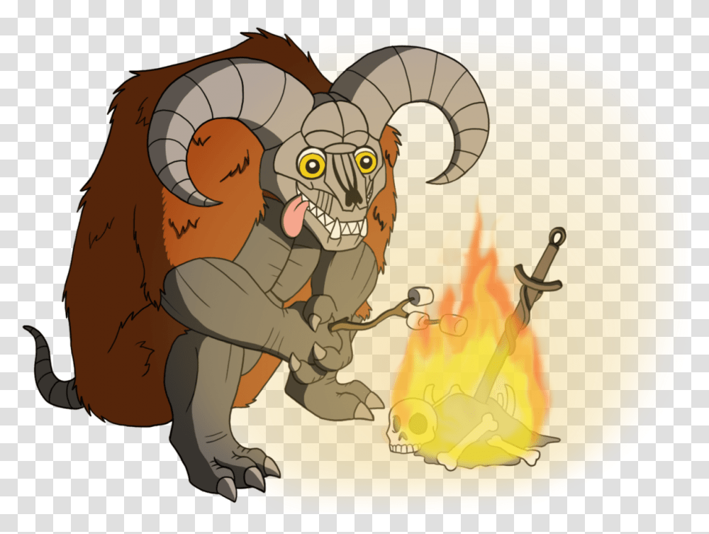 A Taurus Demon Roasting Marshmallows Over A Bonfire Cartoon, Animal, Mammal, Wildlife, Goat Transparent Png